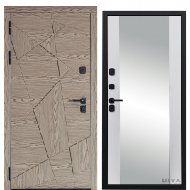 Дверь металлическая Дива-97/1 Зеркало (Дуб натуральный - Д15 Белый Софт) ф. черная