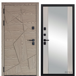 Дверь металлическая Дива-97/1 Зеркало (Дуб натуральный - Д15 Сандал Белый) ф. черная